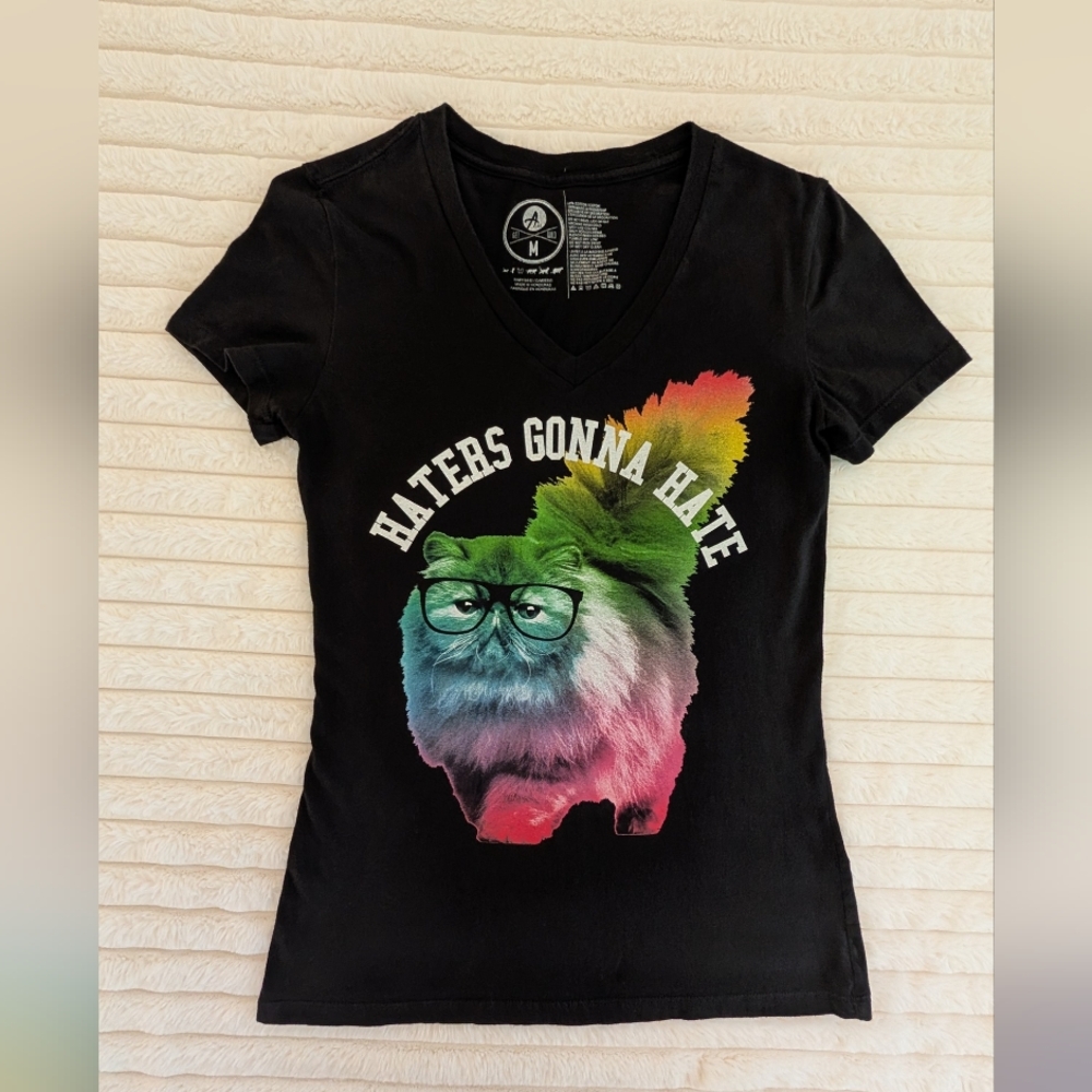 Black Graphic Tee with Colorful Cat Design